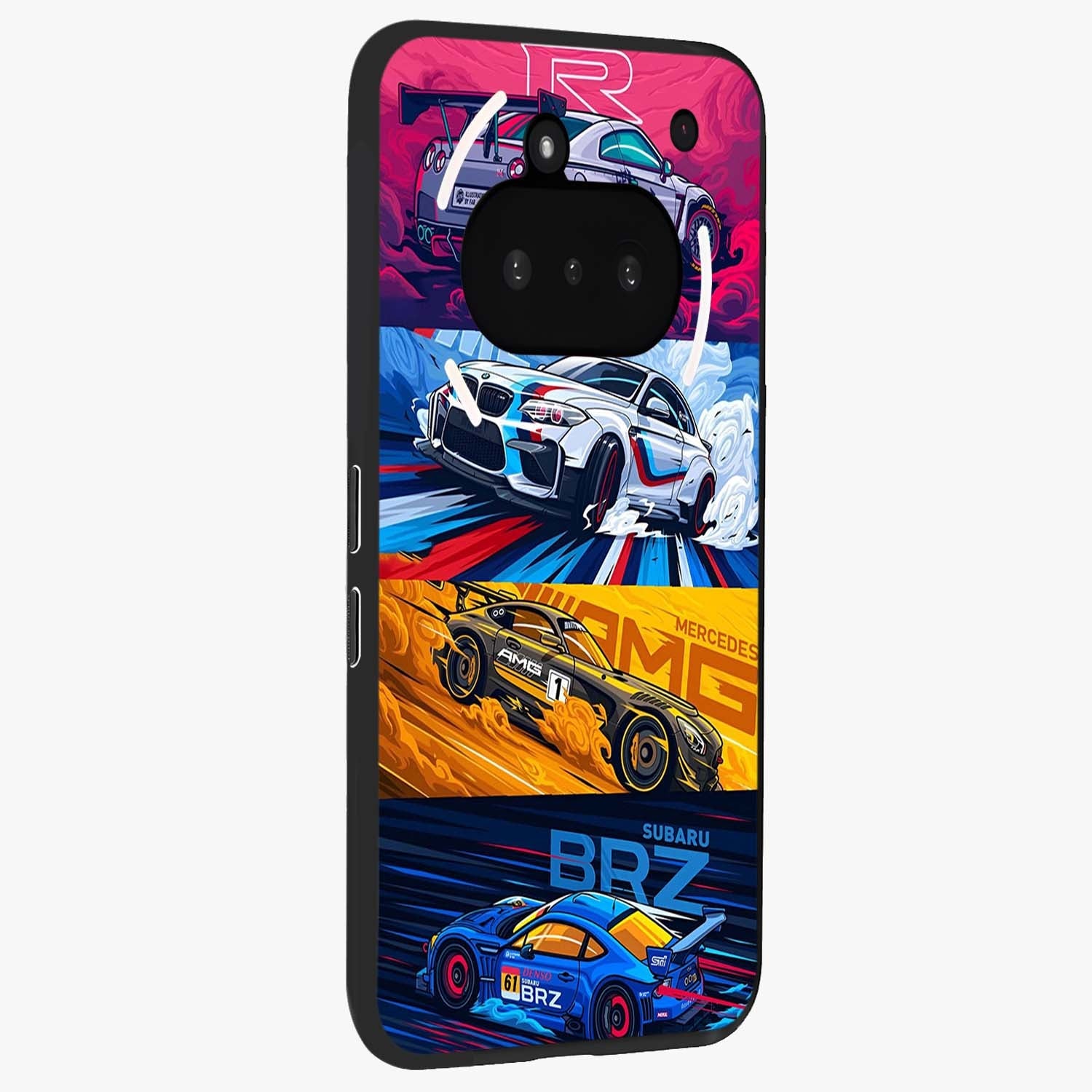 JDM Sports Car Glass Case upright view showcasing dynamic sports car artwork with bold racing theme.