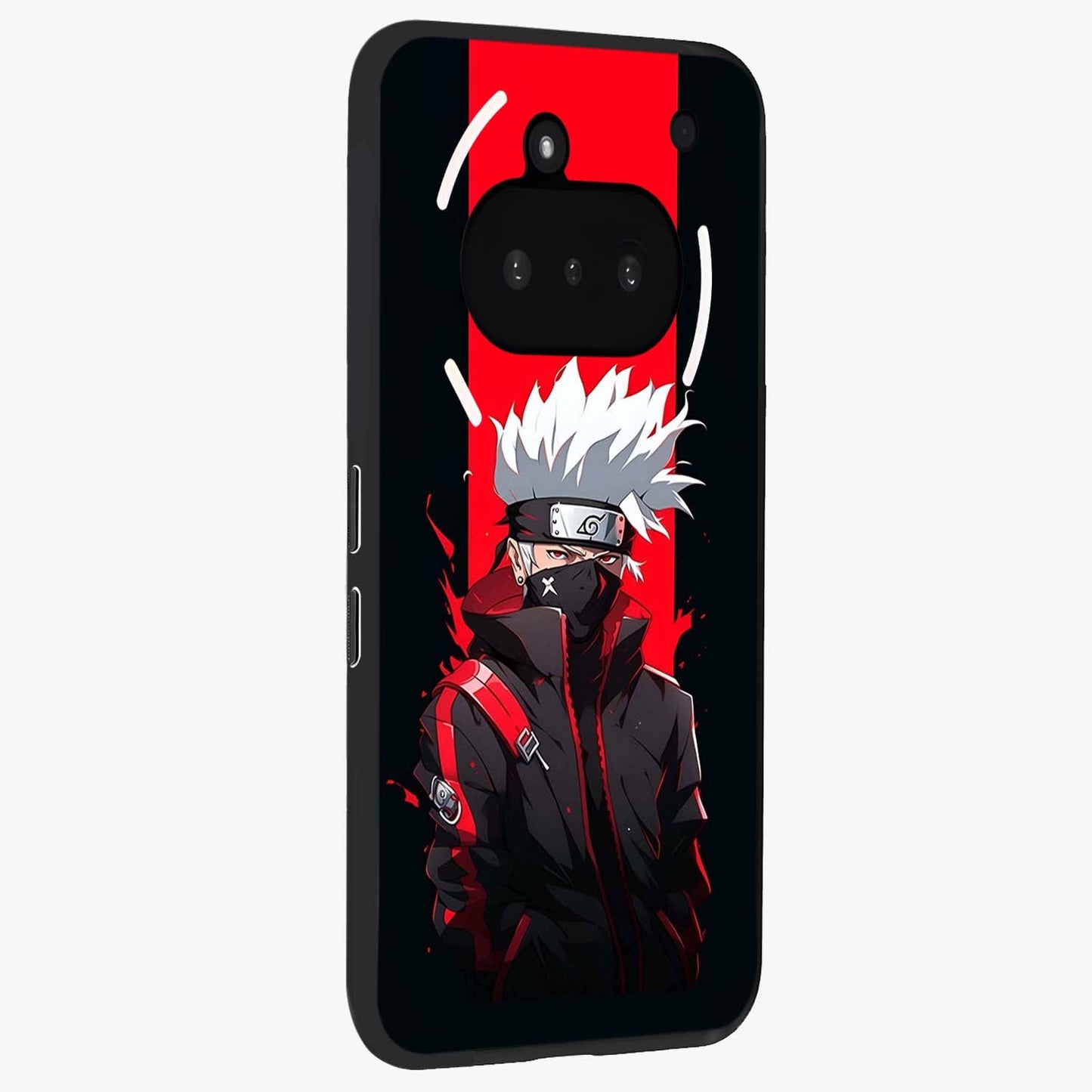 Kakashi Scarlet Shadow Glass Case upright view showcasing intense anime ninja artwork with dark action theme.