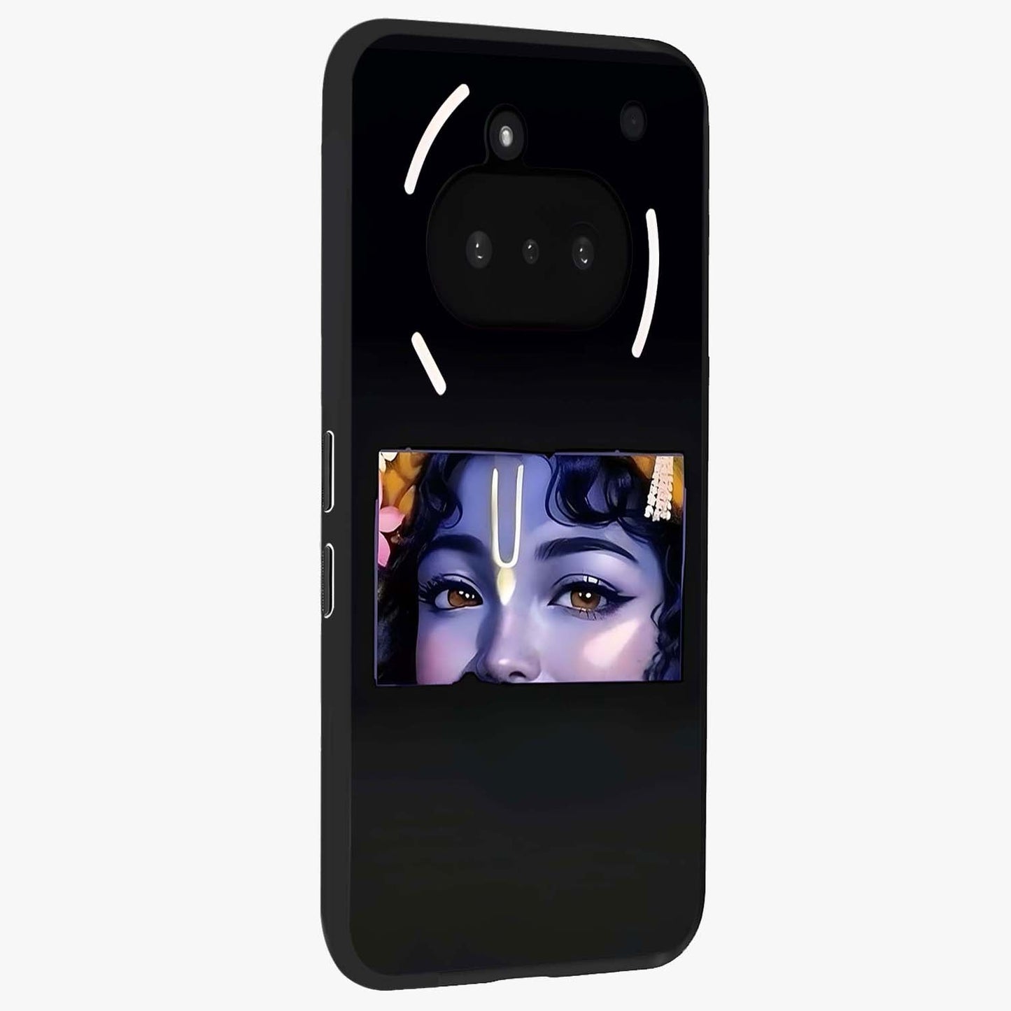 Krishna Divine Embrace Glass Case upright view showcasing sacred Krishna artwork with peaceful devotional theme.