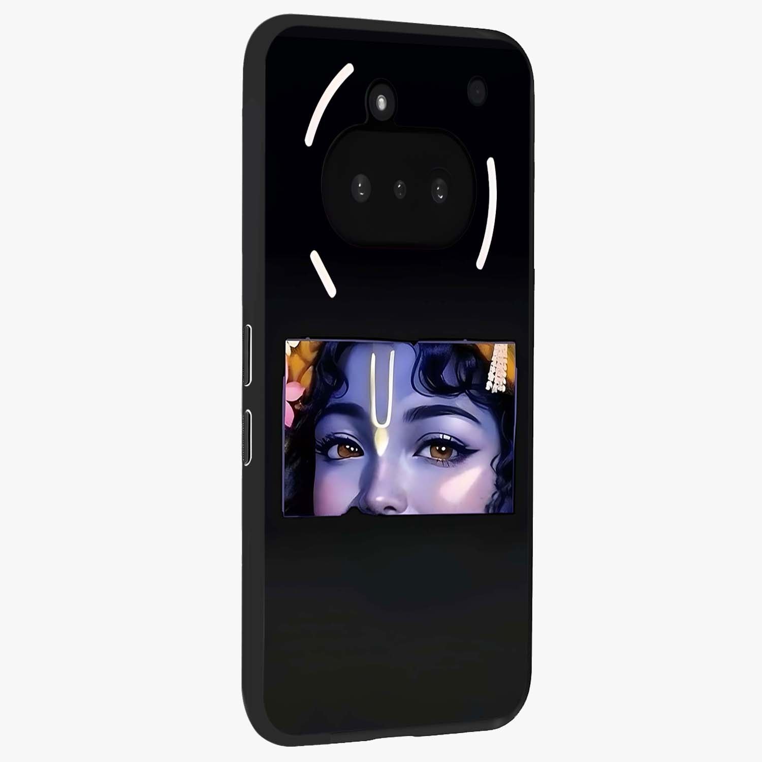 Krishna Divine Embrace Glass Case upright view showcasing sacred Krishna artwork with peaceful devotional theme.