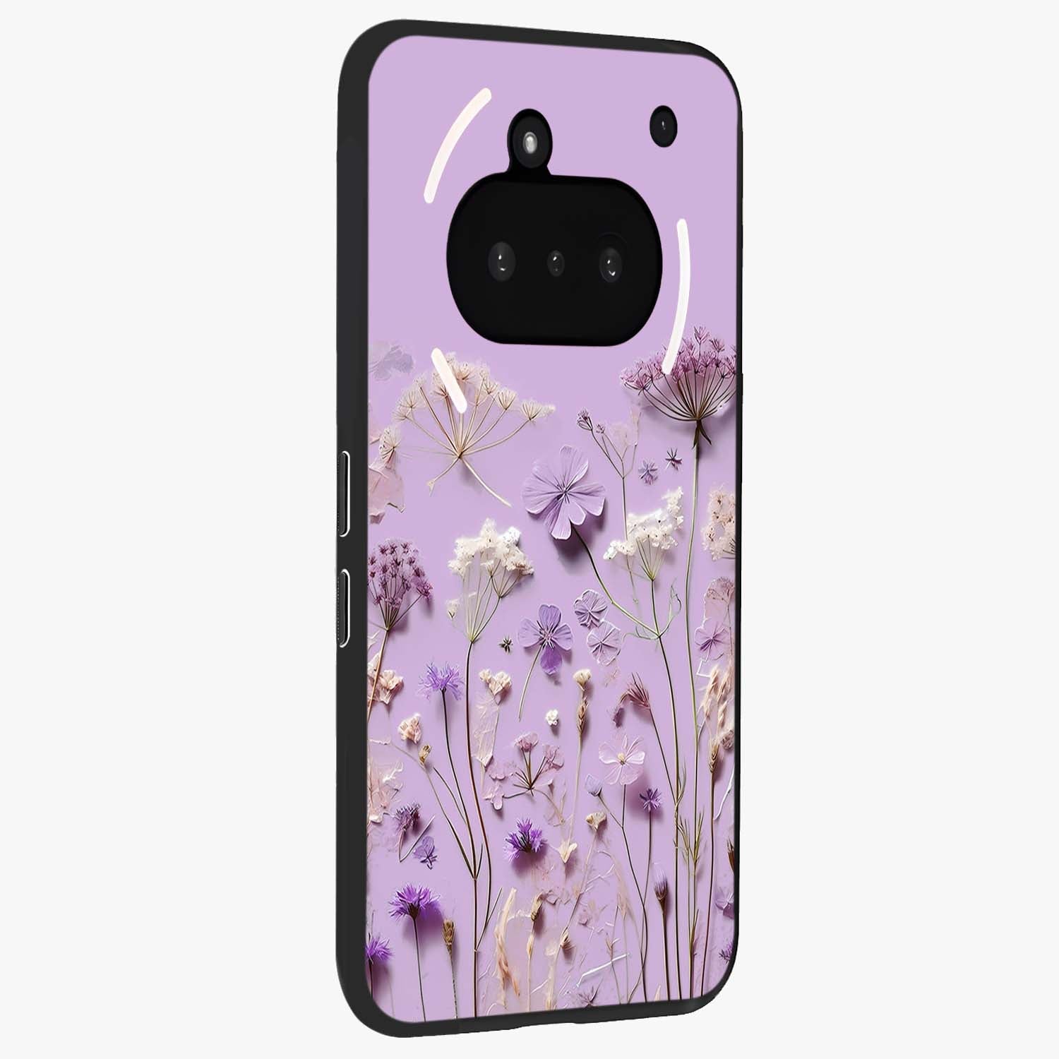 Lavender Blossom Dream Glass Case upright view showcasing delicate lavender blossom artwork with peaceful floral theme.