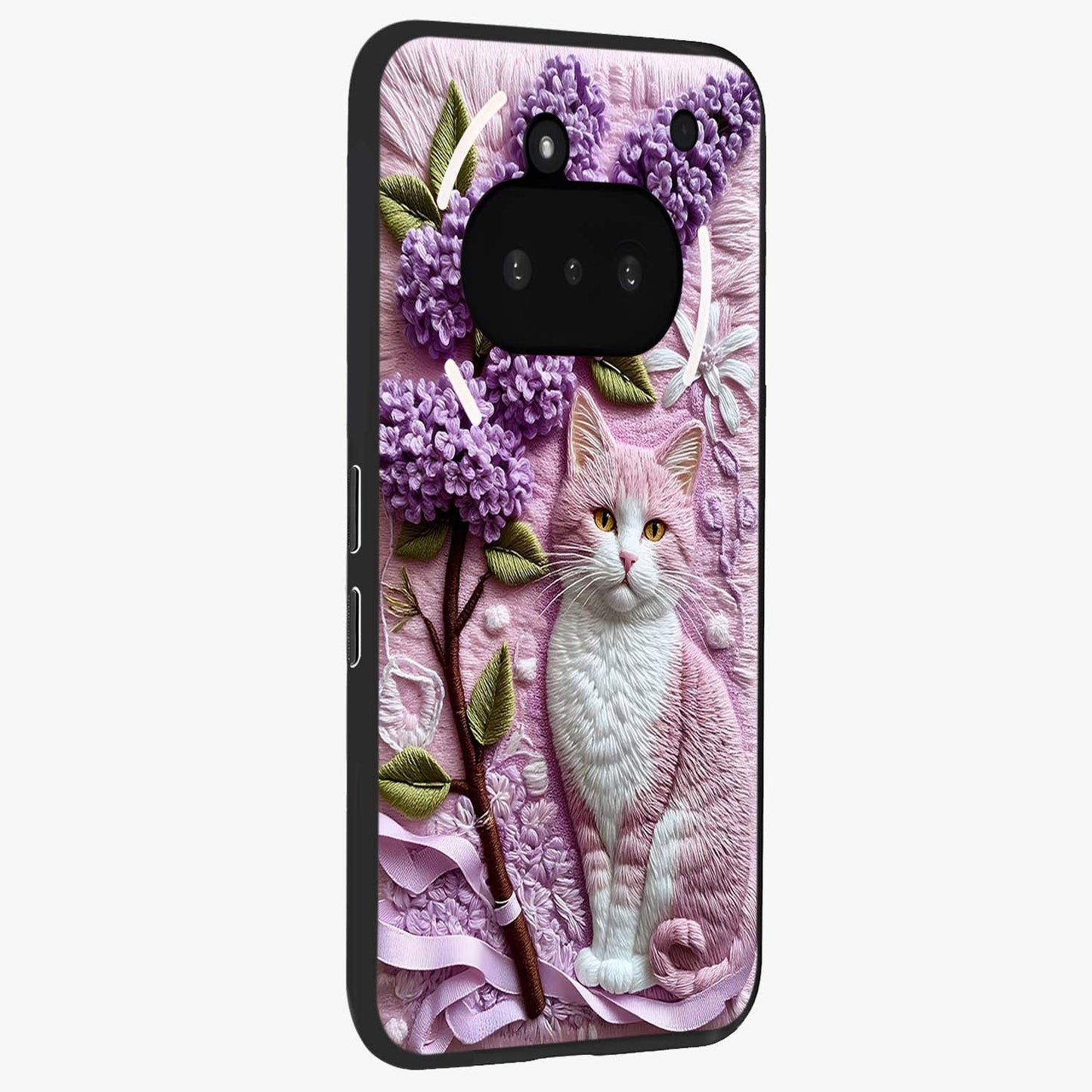 Lavender Cat Whimsy Glass Case upright view showcasing charming cat artwork with whimsical lavender theme.