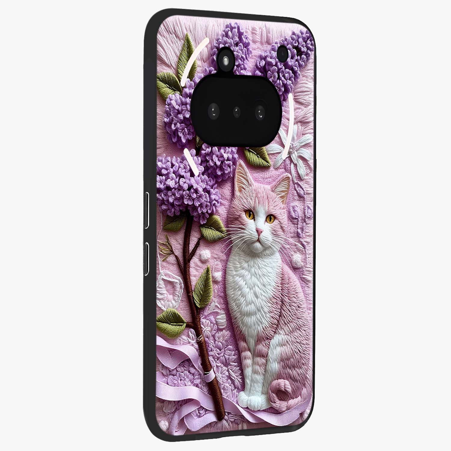 Lavender Cat Whimsy Glass Case upright view showcasing charming cat artwork with whimsical lavender theme.