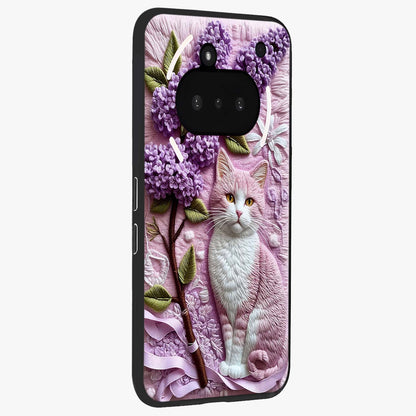 Lavender Cat Whimsy Glass Case upright view showcasing charming cat artwork with whimsical lavender theme.