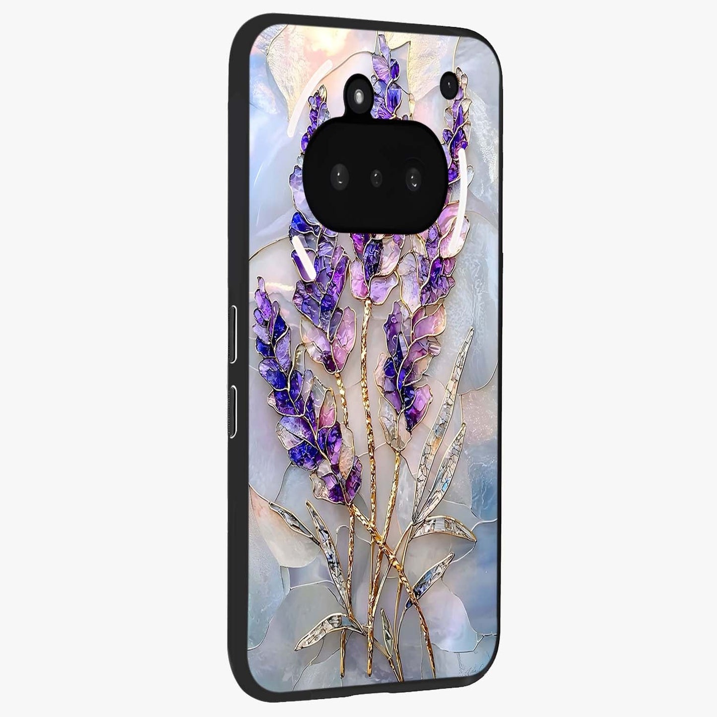 Lavender Dream Glow Glass Case upright view showcasing radiant lavender glow artwork with calming dreamy theme.