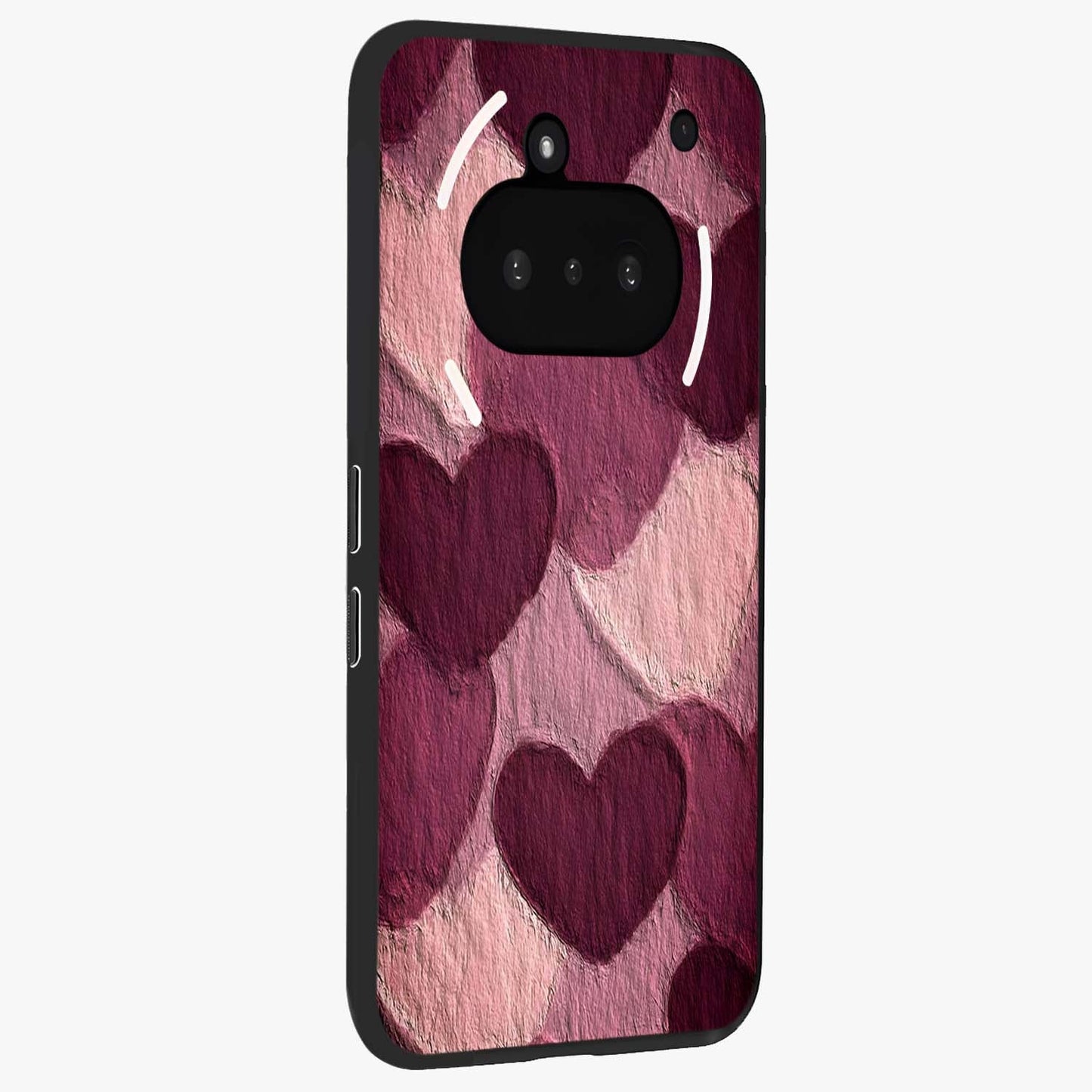 Layered Paper Hearts Glass Case upright view showcasing decorative layered heart artwork with sweet love theme.