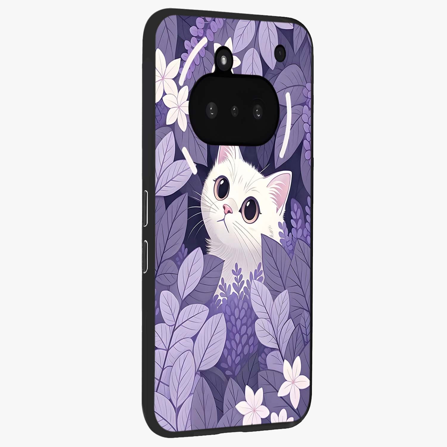 Lilac Hide Peek Cat Glass Case upright view showcasing charming cat artwork with adorable peek theme.