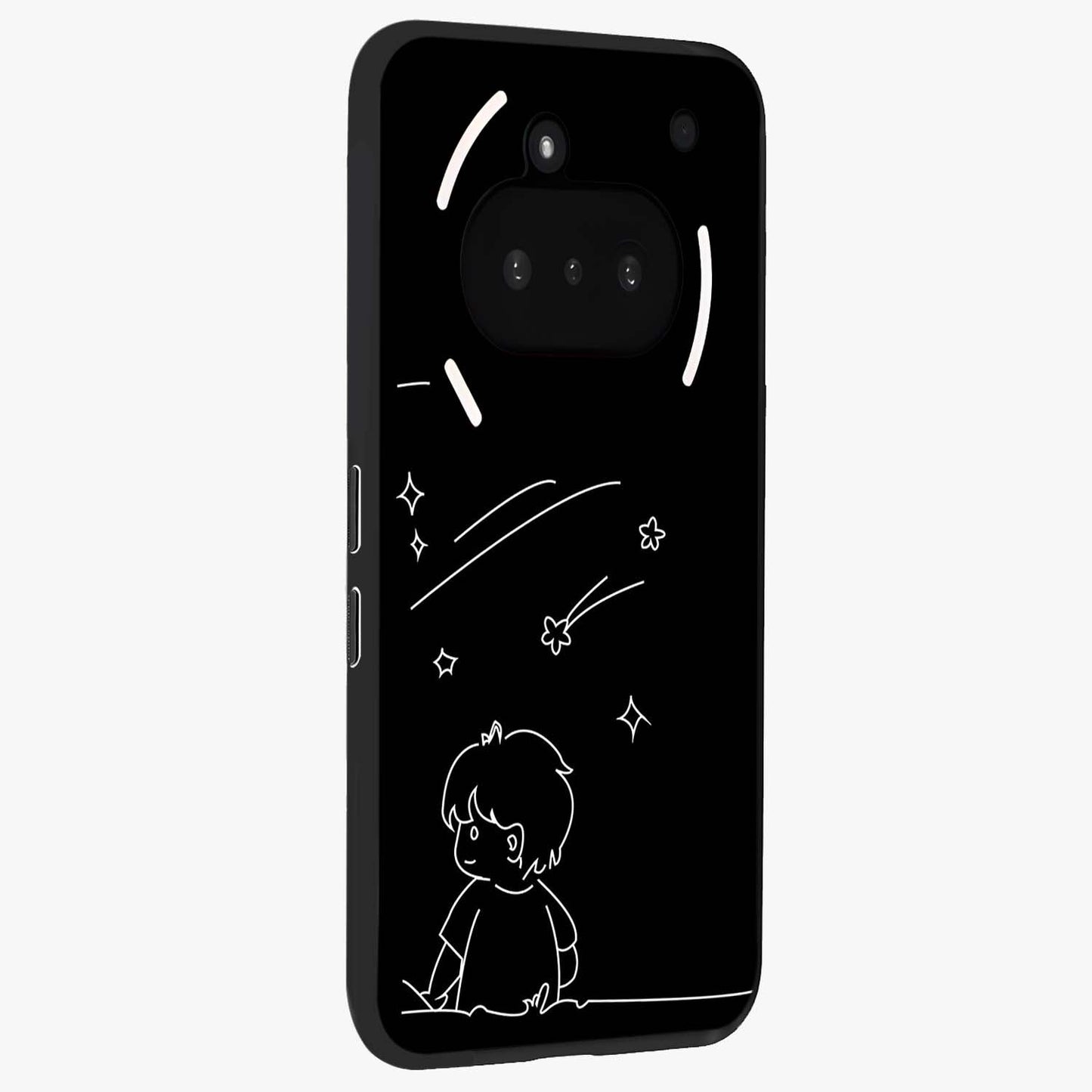 Line Art Boy With Shooting Stars Glass Case upright view showcasing artistic shooting star illustration with minimal style.