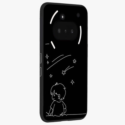 Line Art Boy With Shooting Stars Glass Case upright view showcasing artistic shooting star illustration with minimal style.