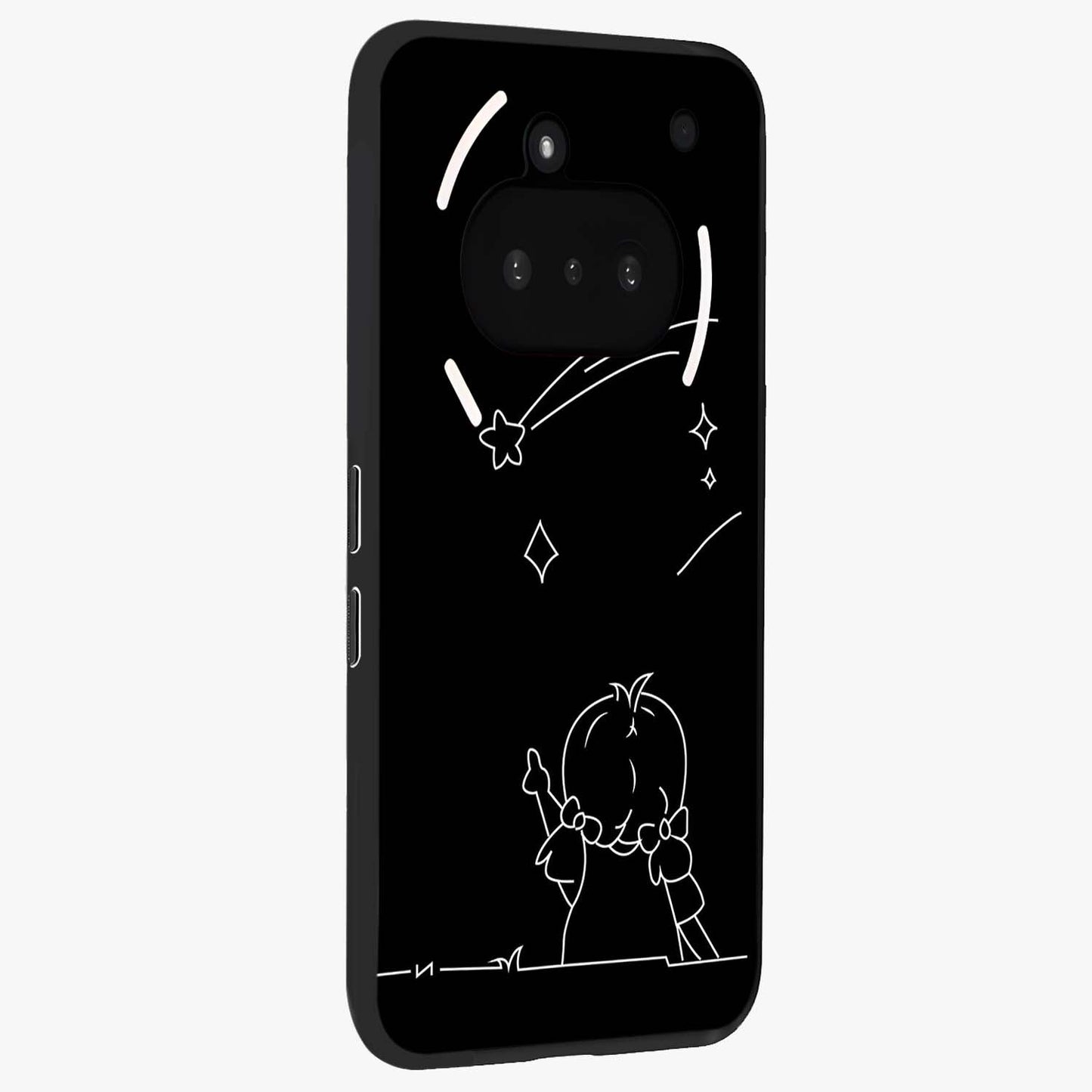 Line Art Girl With Shooting Stars Glass Case upright view showcasing delicate shooting stars artwork with minimal artistic theme.