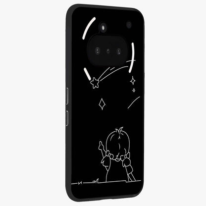 Line Art Girl With Shooting Stars Glass Case upright view showcasing delicate shooting stars artwork with minimal artistic theme.