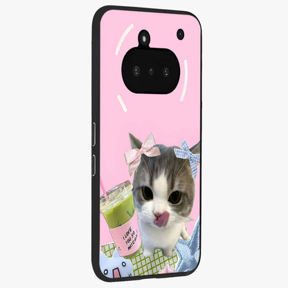 Love Matcha Cat Glass Case upright view showcasing adorable cat artwork with charming matcha themed design.