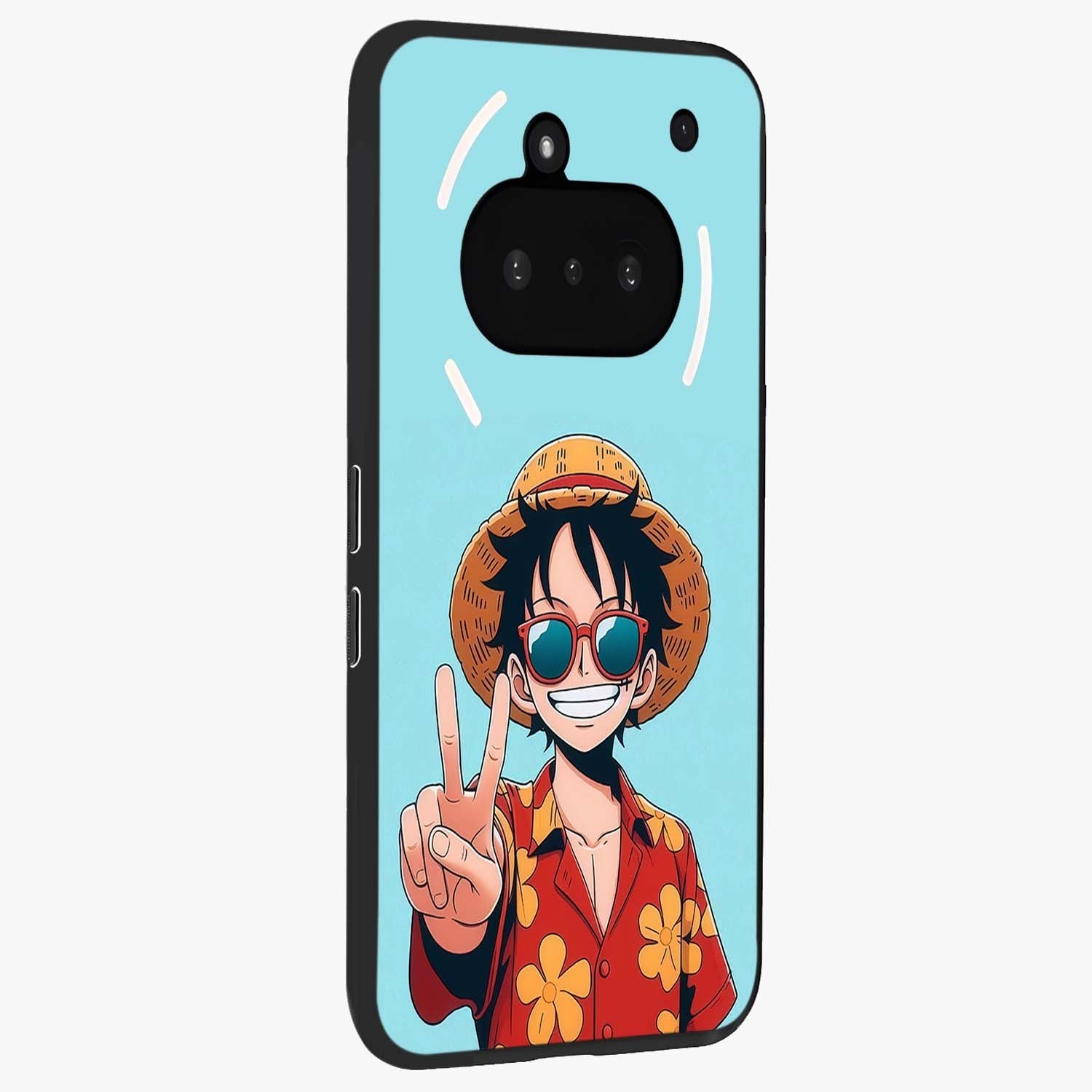Luffy Summer Anime Vibe Glass Case upright view showcasing dynamic anime artwork with bright adventurous theme.