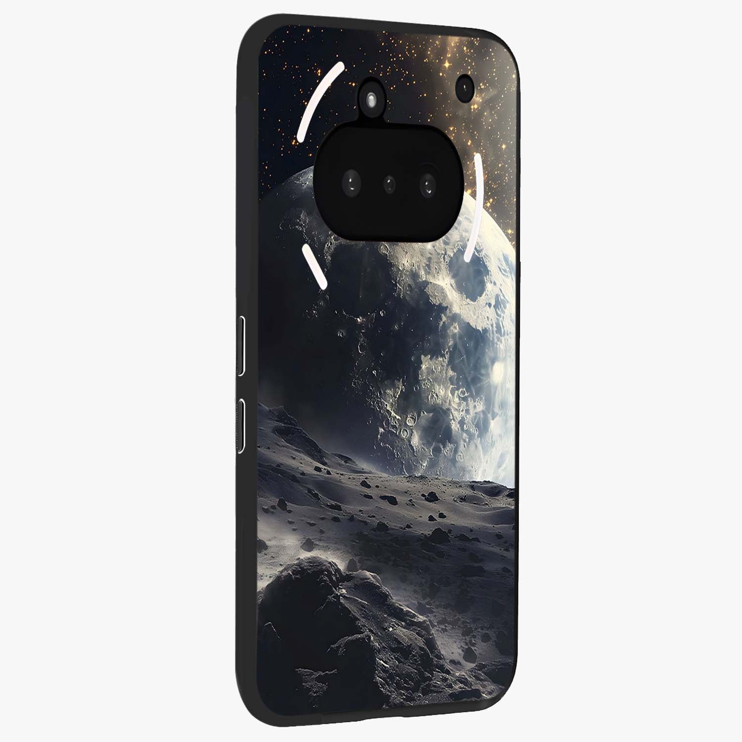 Lunar Horizon Glow Glass Case upright view showcasing radiant lunar artwork with calm cosmic theme.