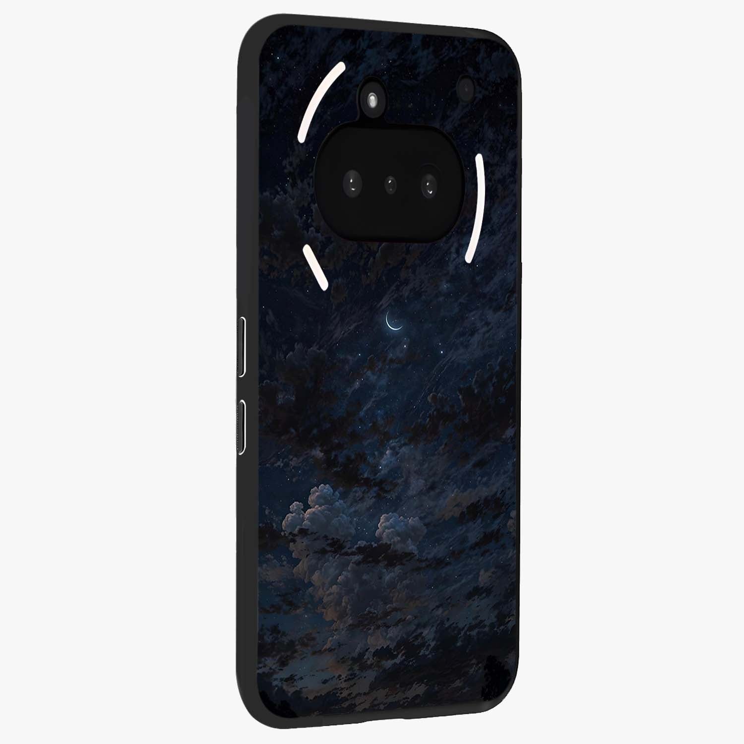 Lunar Veil Silence Glass Case upright view showcasing calm moon themed artwork with serene night atmosphere.