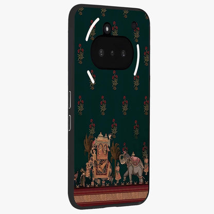 Macmerise Glass Case upright view showcasing bold artistic artwork with contemporary design theme.