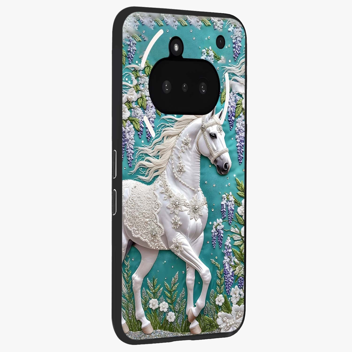 Majestic Floral Stallion Glass Case upright view showcasing dramatic horse artwork with decorative floral theme.