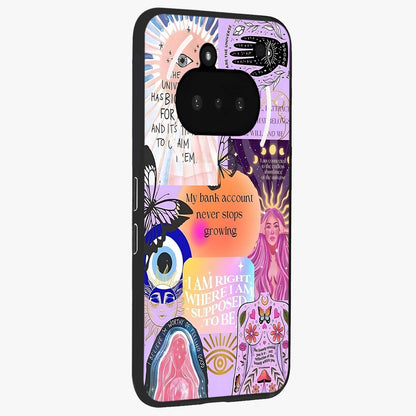 Manifestation Collage Glass Case upright view showcasing artistic manifestation themed artwork with creative style.