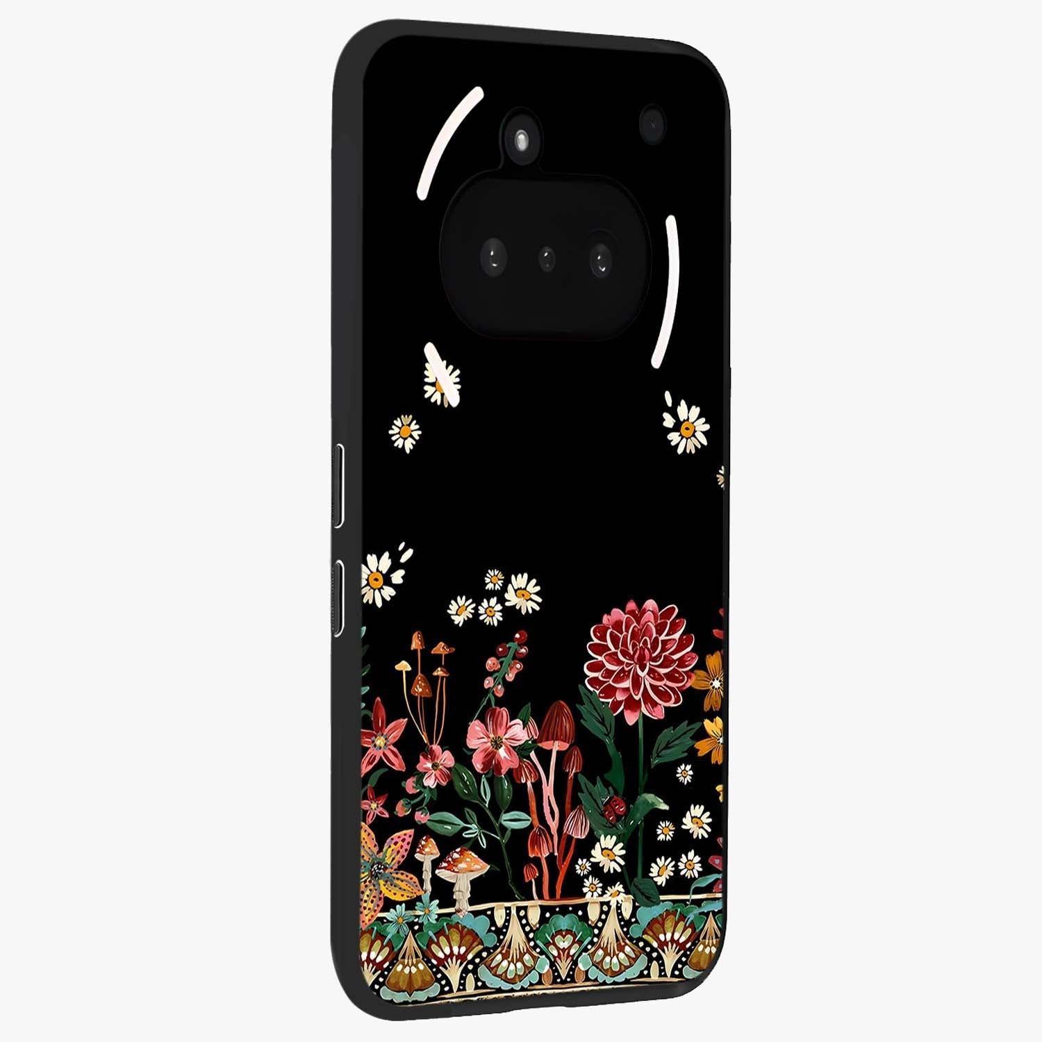 Midnight Bloom Pattern Glass Case upright view showcasing decorative floral artwork with deep night themed palette.
