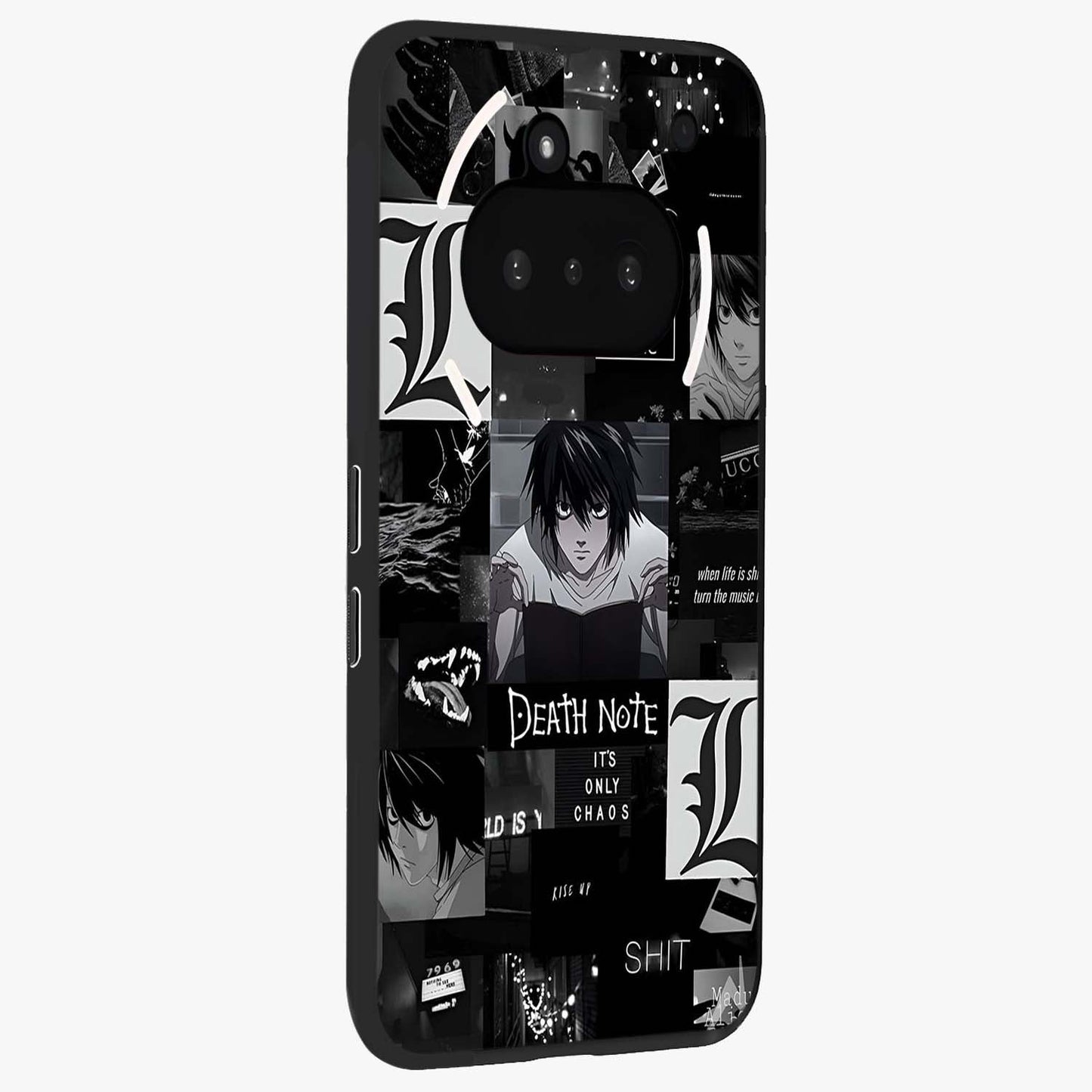 Midnight Chaos Mind Glass Case upright view showcasing expressive abstract artwork with bold dark theme.