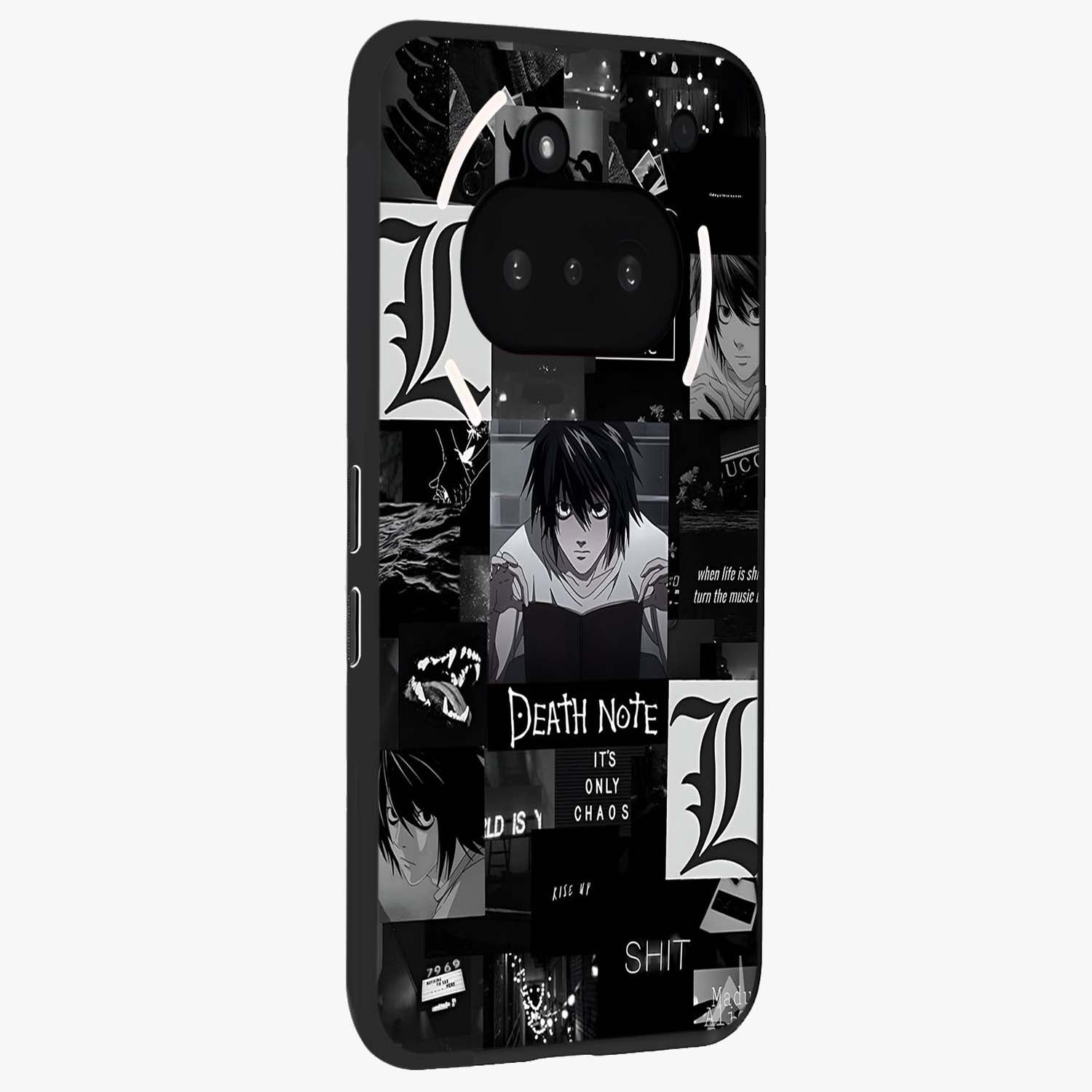 Midnight Chaos Mind Glass Case upright view showcasing expressive abstract artwork with bold dark theme.