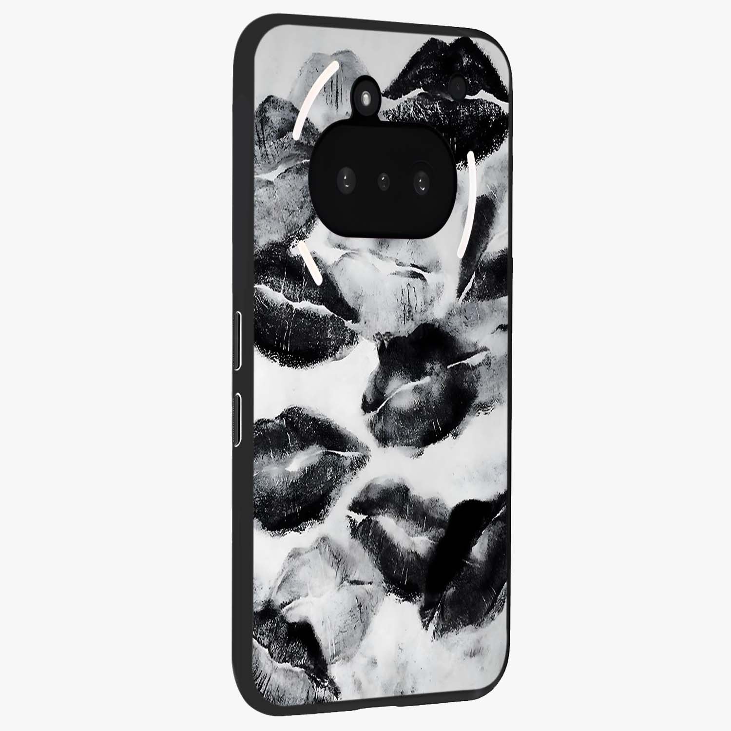 Midnight Kiss Marks Glass Case upright view showcasing stylish kiss mark artwork with trendy romantic theme.