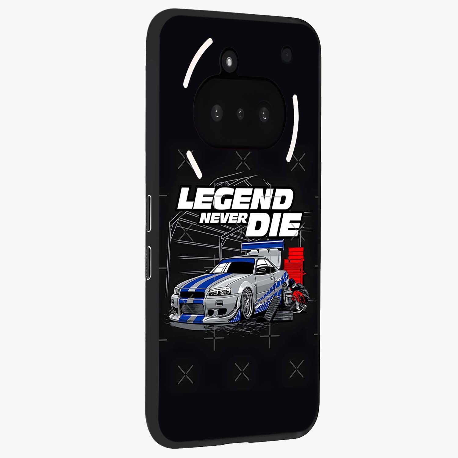 Midnight Racing Legacy Glass Case upright view showcasing powerful racing artwork with modern sports theme.