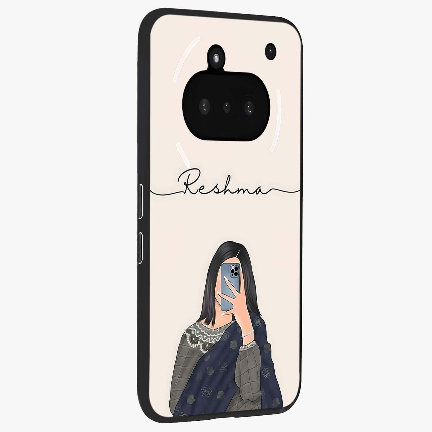 Mirror Mood Muse With Custom Name Glass Case upright view showcasing artistic mirror themed artwork with personalized aesthetic.