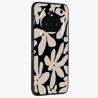 Monochrome Petal Dance Glass Case upright view showcasing artistic floral pattern with stylish monochrome theme.