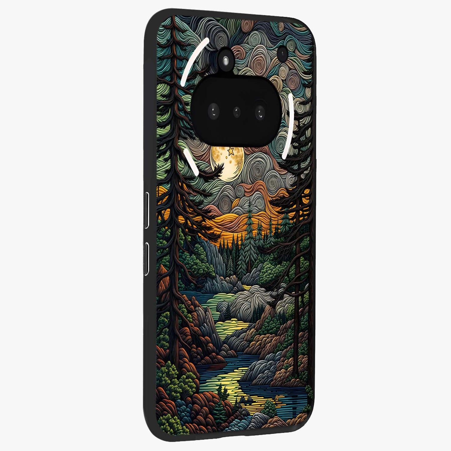 Moonlight Forest Dream Glass Case upright view showcasing magical forest artwork with calm night theme.