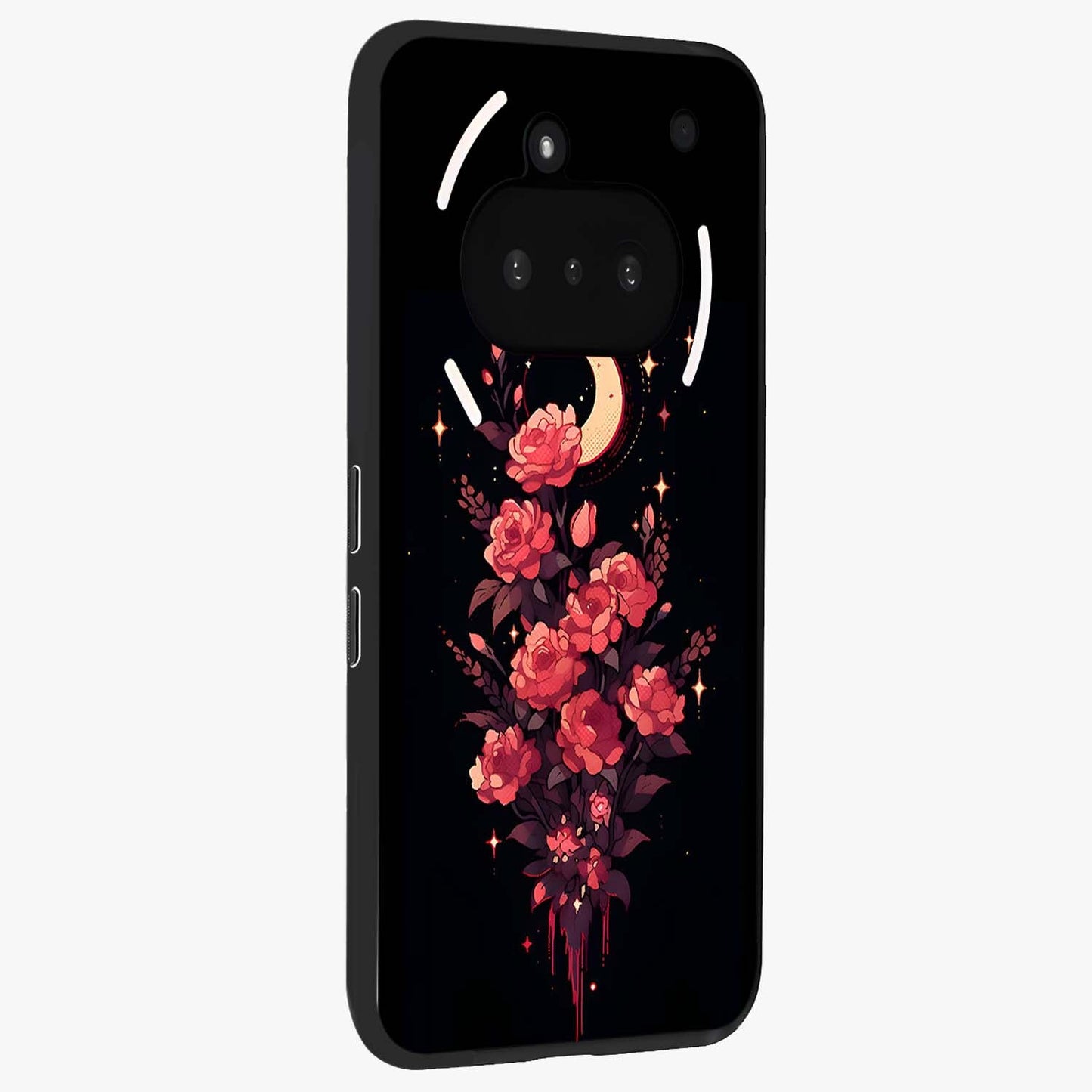 Moonlit Floral Elegance Glass Case upright view showcasing delicate floral artwork with refined night inspired theme.