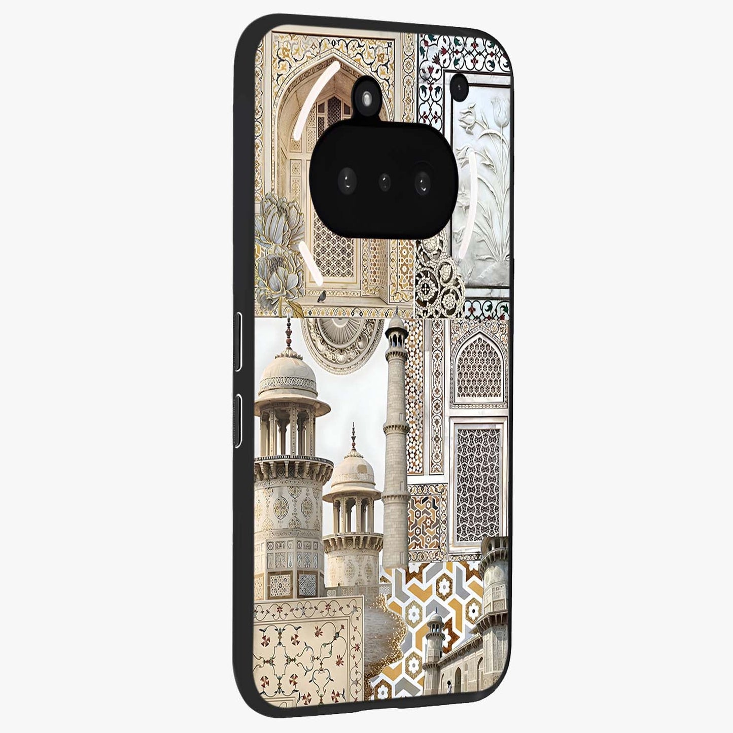 Mughal Marble Legacy Glass Case upright view showcasing ornate Mughal design with luxurious traditional theme.