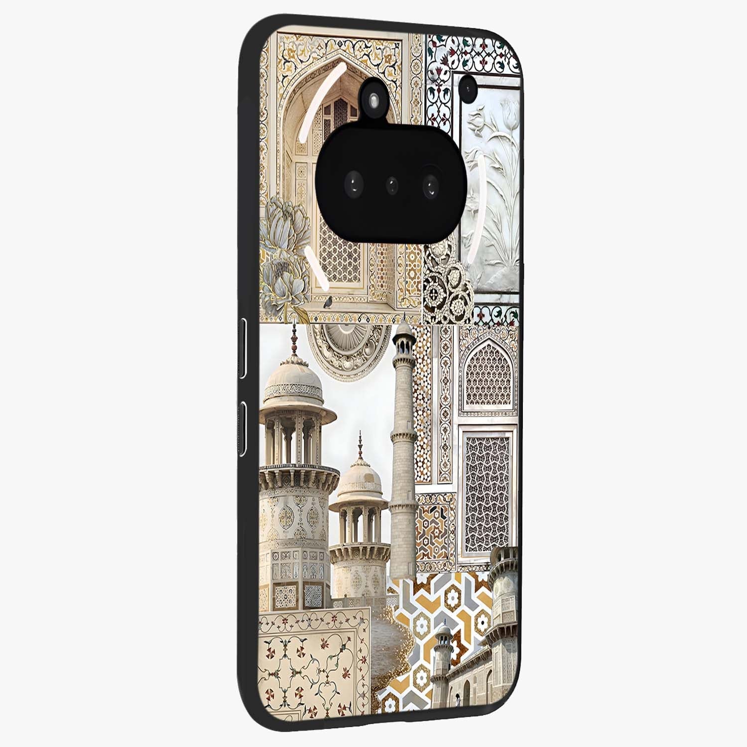 Mughal Marble Legacy Glass Case upright view showcasing ornate Mughal design with luxurious traditional theme.