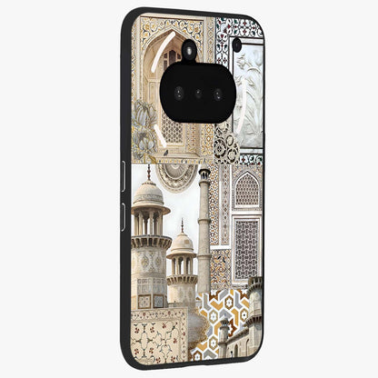 Mughal Marble Legacy Glass Case upright view showcasing ornate Mughal design with luxurious traditional theme.