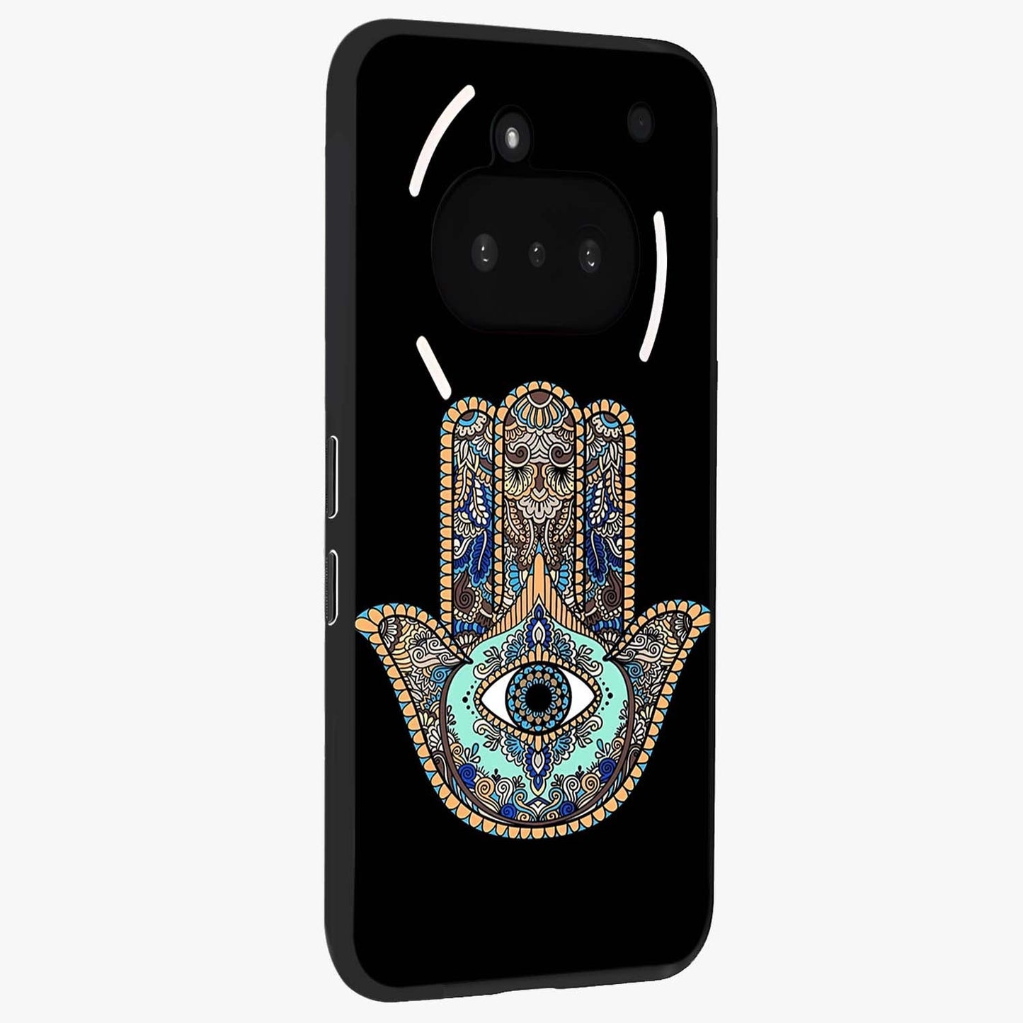Mystic Hamsa Eye Glass Case upright view showcasing detailed hamsa eye artwork with protective spiritual theme.