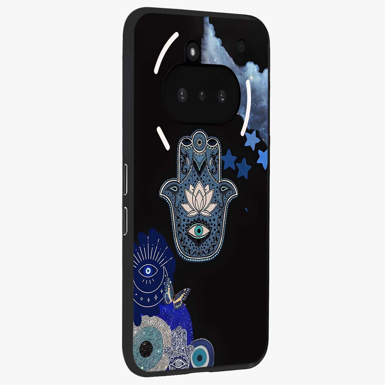 Mystic Hand Aura Glass Case upright view showcasing symbolic hand artwork with mystical energy theme.