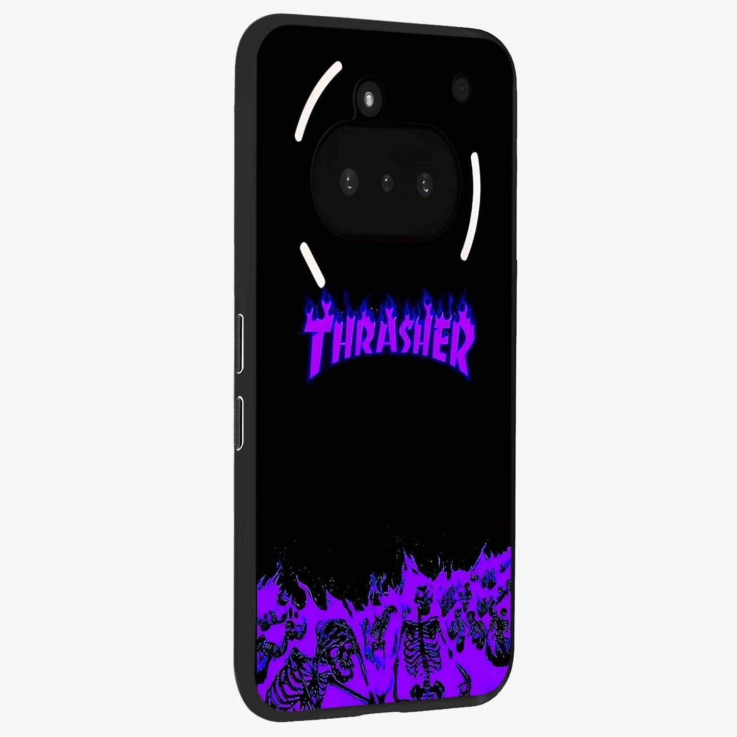 Neon Flame Riot Glass Case upright view showcasing dynamic flame artwork with energetic neon theme.