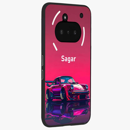 Neon Pink Porsche Glass Case upright view showcasing vibrant sports car artwork with bold automotive theme.