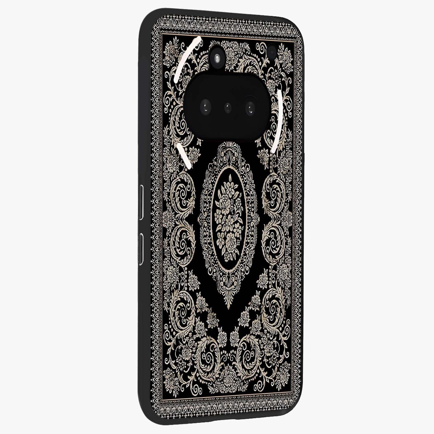 Noir Bloom Elegance Glass Case upright view showcasing graceful floral artwork with luxurious dark theme.