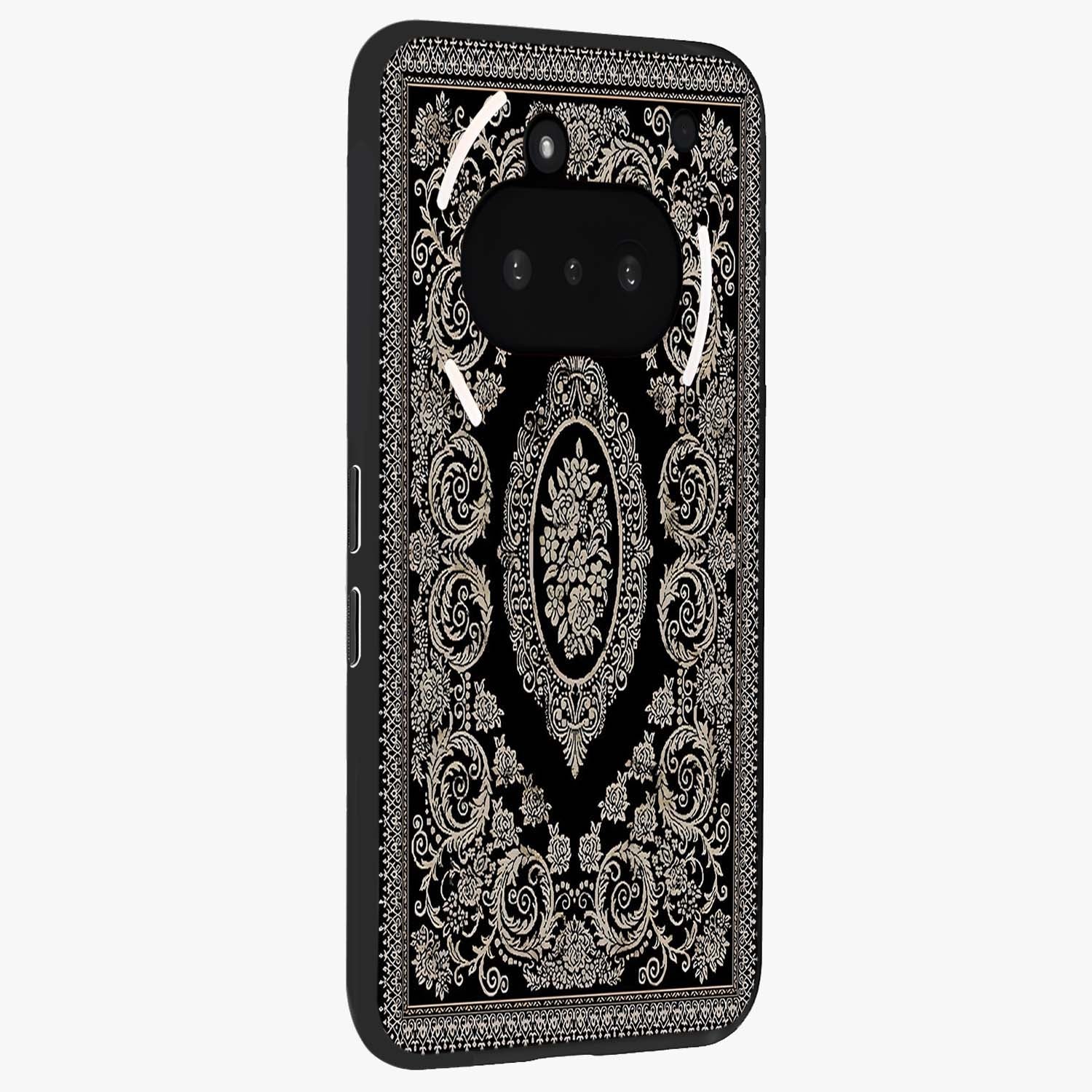 Noir Bloom Elegance Glass Case upright view showcasing graceful floral artwork with luxurious dark theme.