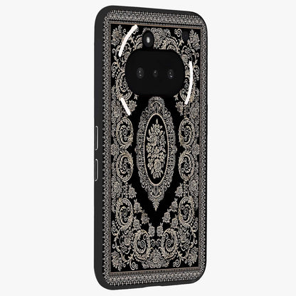Noir Bloom Elegance Glass Case upright view showcasing graceful floral artwork with luxurious dark theme.