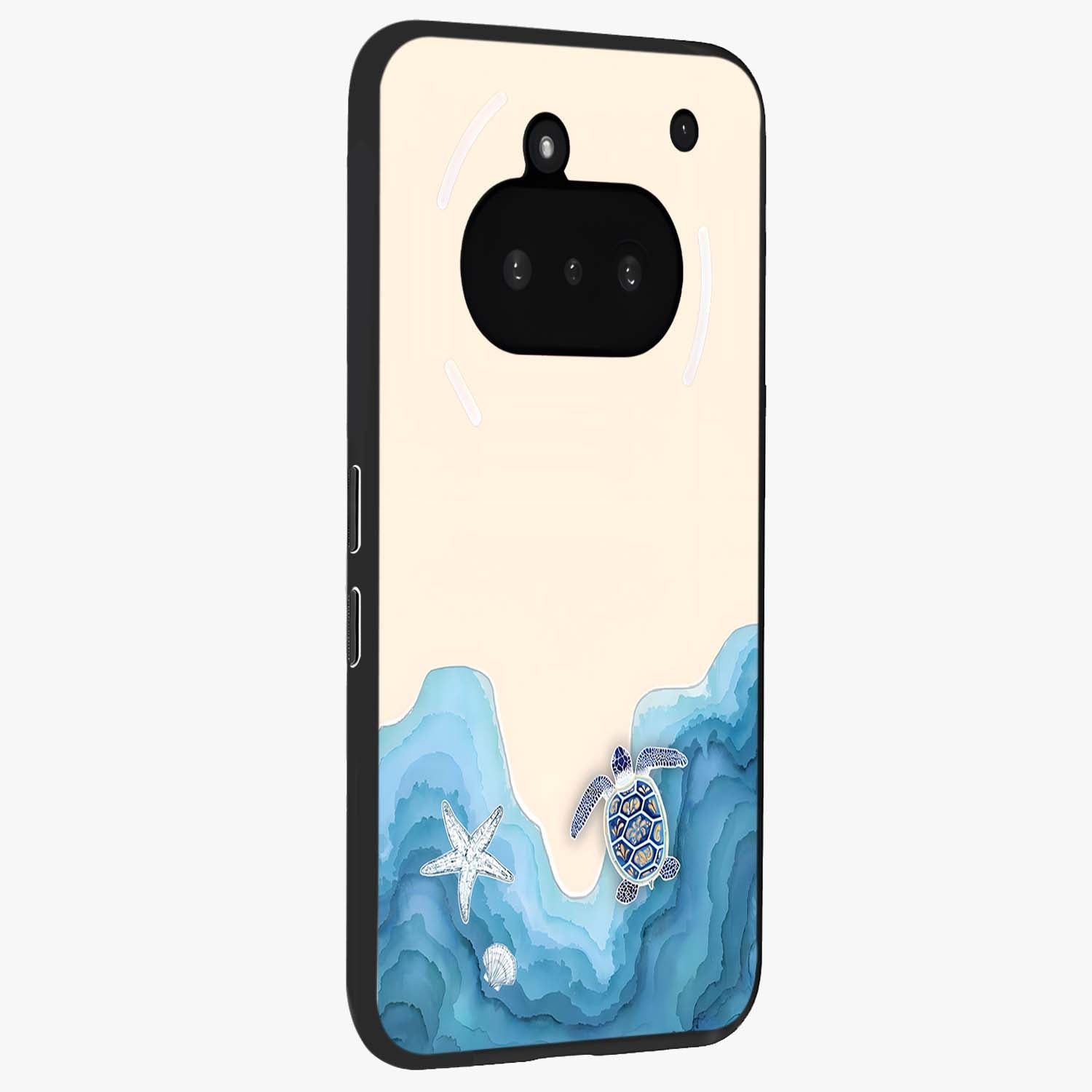 Ocean Drift Turtle Glass Case upright view showcasing calm underwater turtle artwork with nature inspired theme.