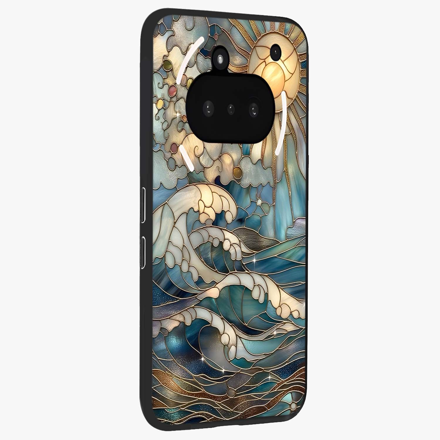 Oceanic Stained Printed Glass Case upright view showcasing decorative ocean pattern artwork with vibrant marine theme.