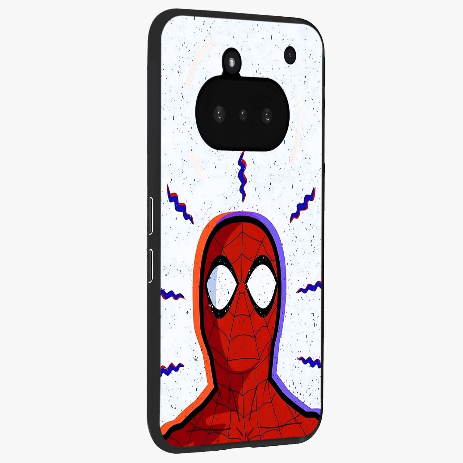 Omg Spiderman Glass Case upright view showcasing energetic superhero artwork with vibrant comic theme.
