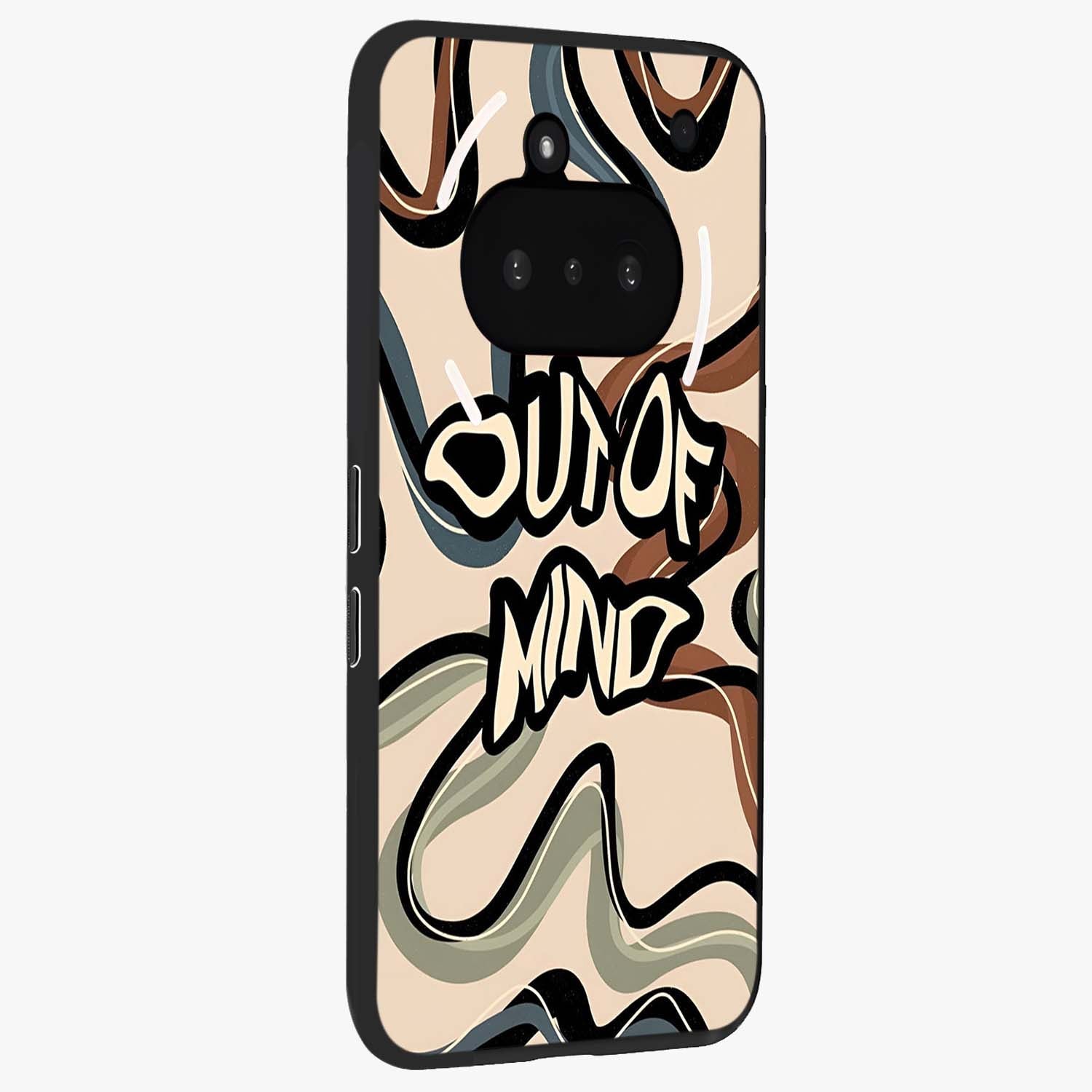 Out Of Mind Glass Case upright view showcasing striking typography artwork with edgy conceptual theme.
