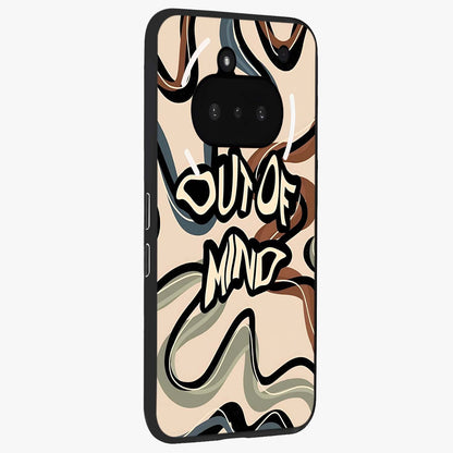 Out Of Mind Glass Case upright view showcasing striking typography artwork with edgy conceptual theme.