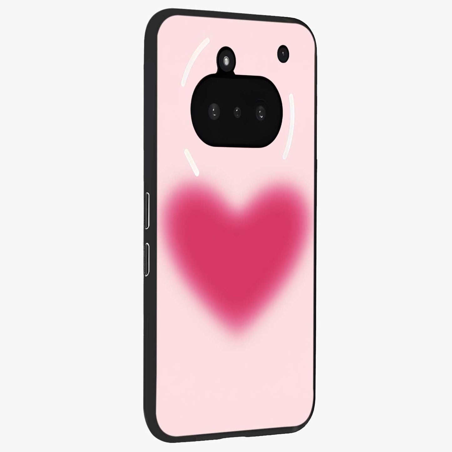 Pink Aura Heart Glass Case upright view showcasing romantic heart artwork with soft pastel theme.