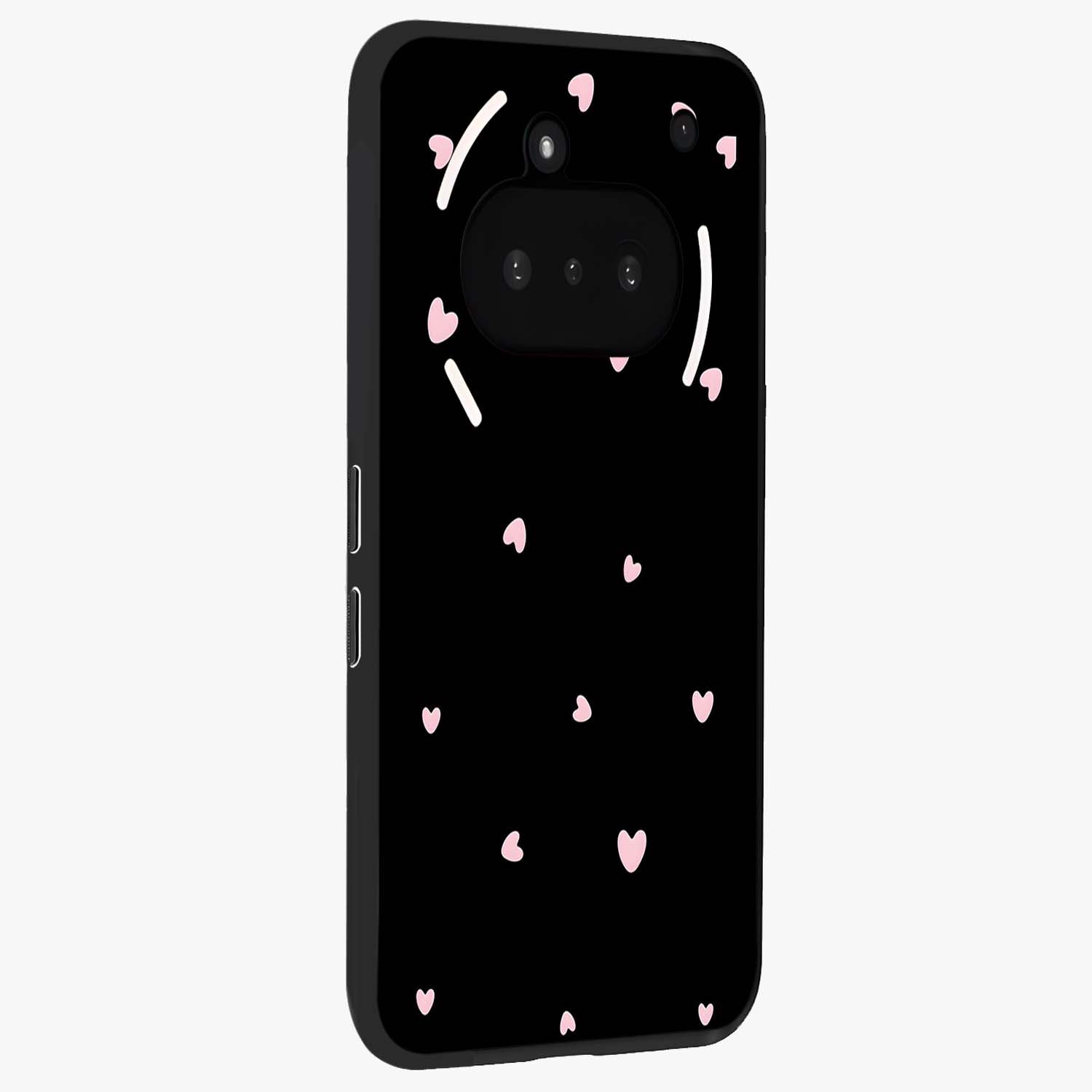 Pink Love Drops Glass Case upright view showcasing charming heart drop artwork with romantic playful theme.
