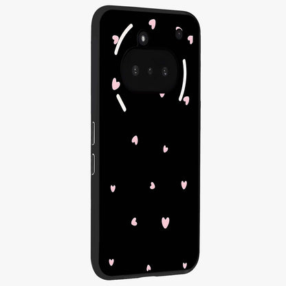 Pink Love Drops Glass Case upright view showcasing charming heart drop artwork with romantic playful theme.