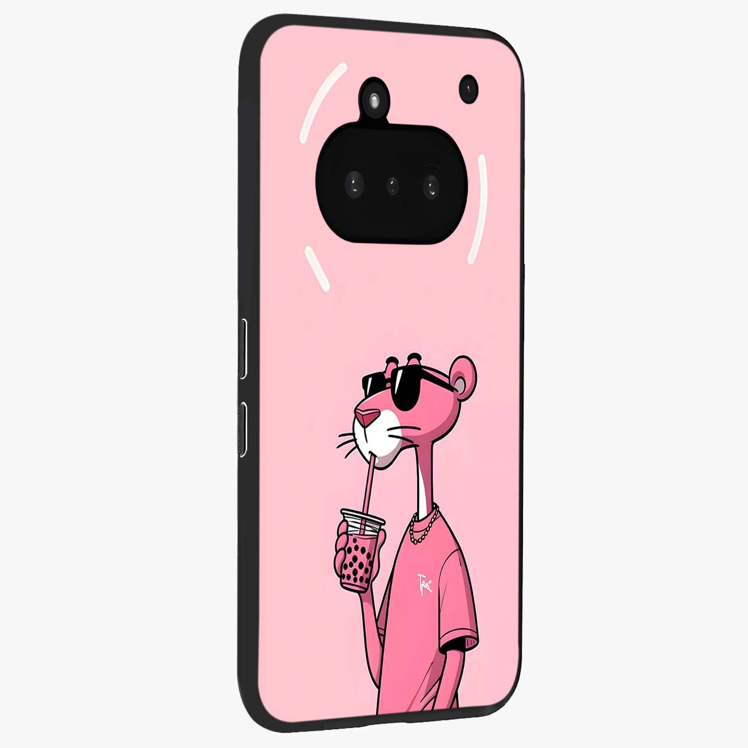 Pink Panther Glass Case upright view showcasing fun animated artwork with stylish retro cartoon theme.